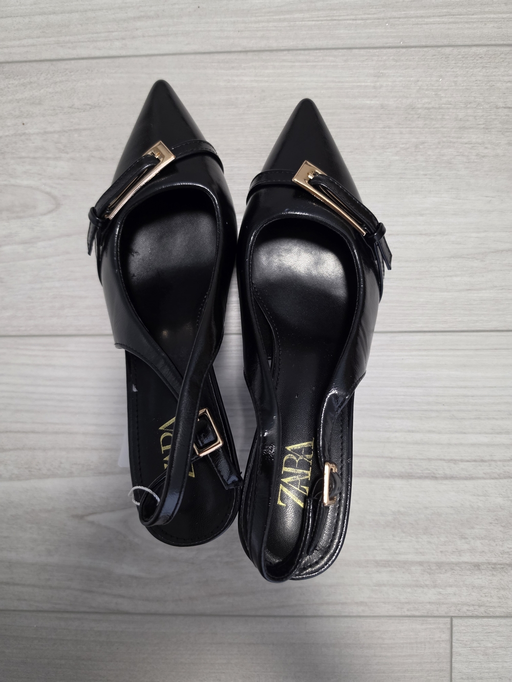 ZARA Black Pointed Slingback Pumps with Gold Accent Buckles